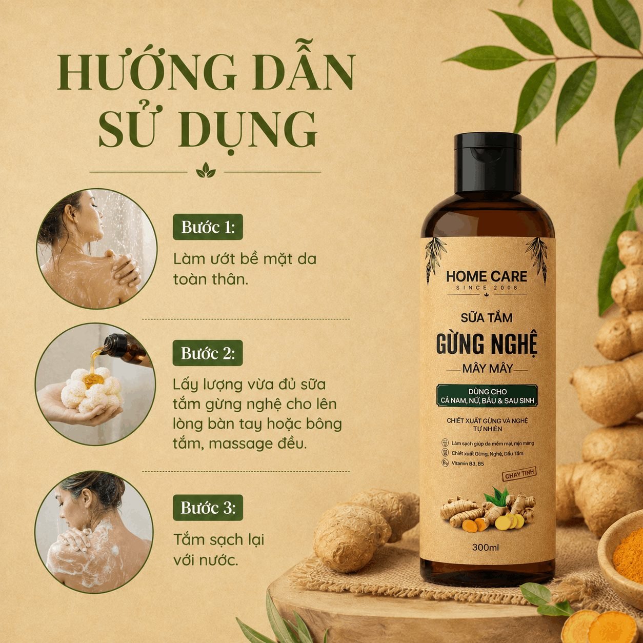 Sữa Tắm Thảo Dược Gừng Nghệ 1L Sạch Sâu, Ngăn Ngừa Mụn Trên Da