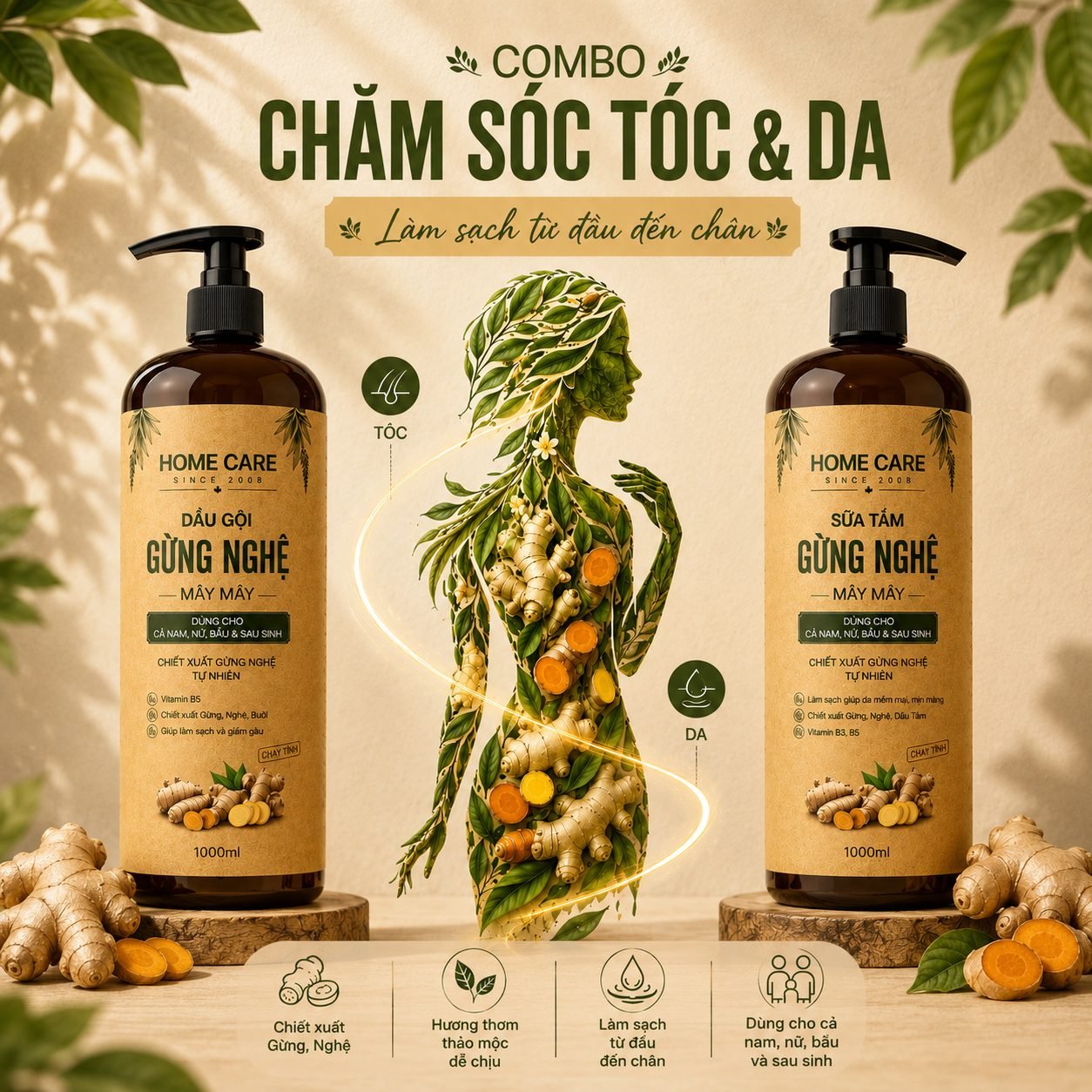 Sữa Tắm Thảo Dược Gừng Nghệ 1L Sạch Sâu, Ngăn Ngừa Mụn Trên Da