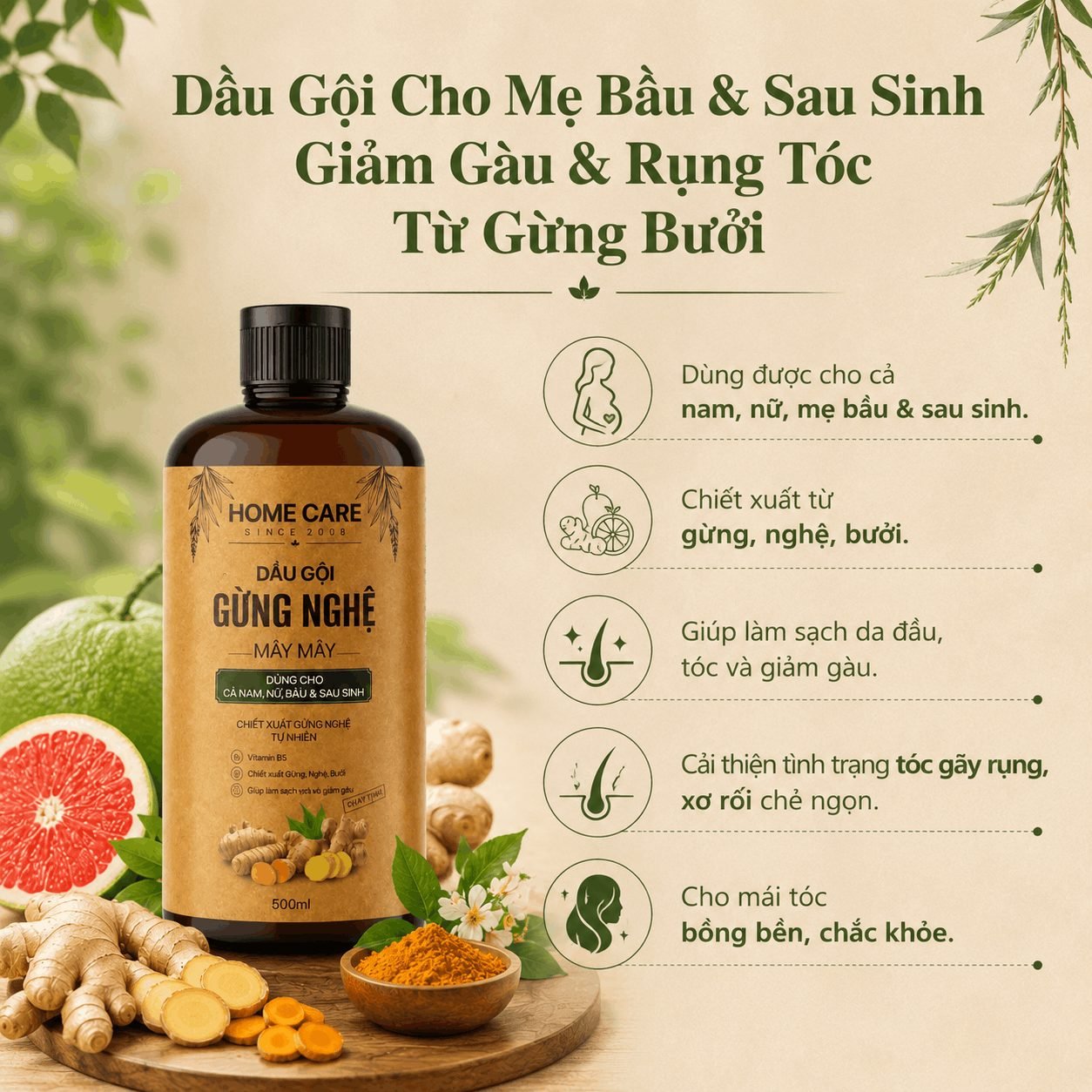 Dầu Gội Cho Mẹ Bầu & Sau Sinh Giảm Gàu & Rụng Tóc Từ Gừng Bưởi