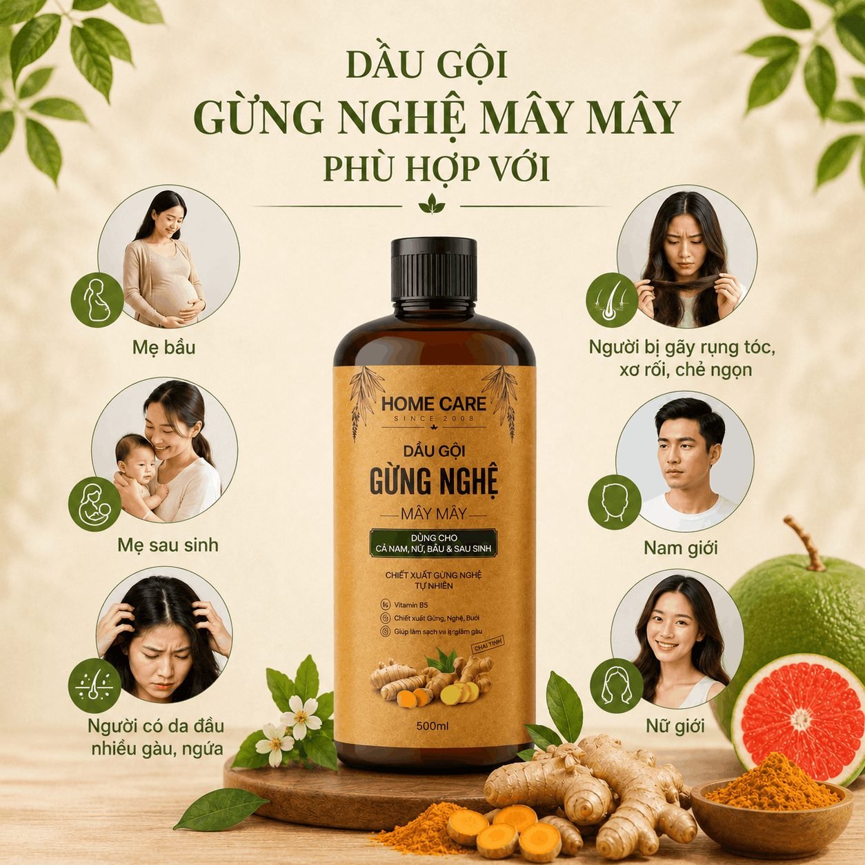 Dầu Gội Cho Mẹ Bầu & Sau Sinh Giảm Gàu & Rụng Tóc Từ Gừng Bưởi