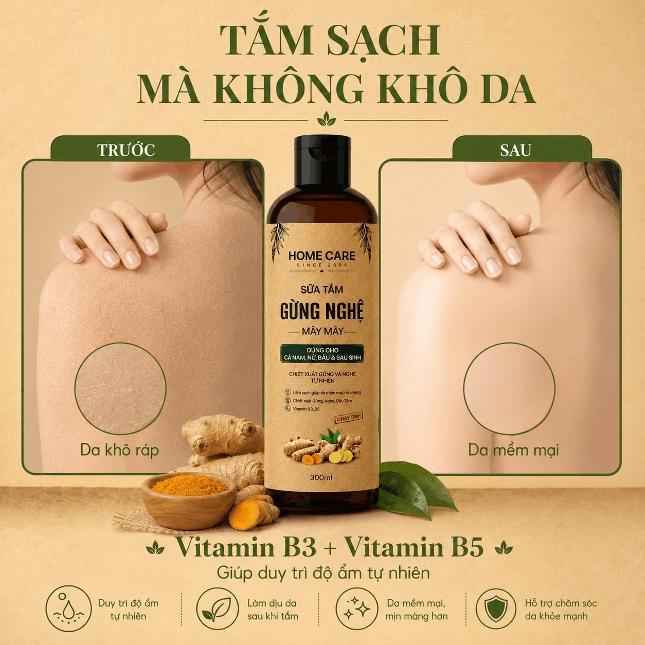 Sữa Tắm Thảo Dược Gừng Nghệ 1L Sạch Sâu, Ngăn Ngừa Mụn Trên Da