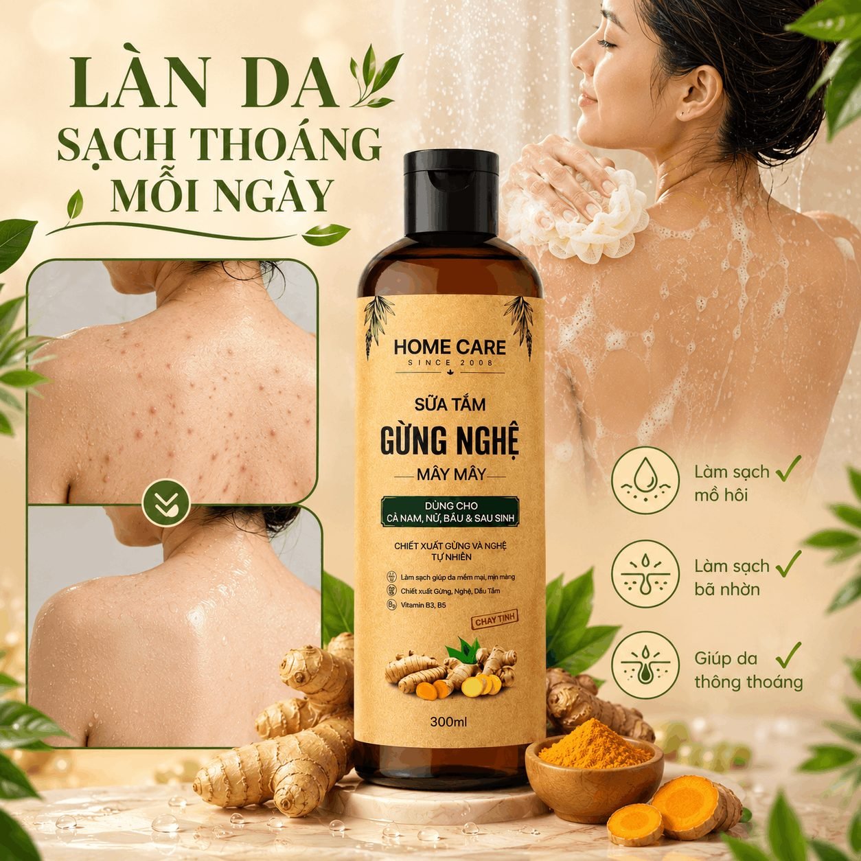 Sữa Tắm Thảo Dược Gừng Nghệ 1L Sạch Sâu, Ngăn Ngừa Mụn Trên Da