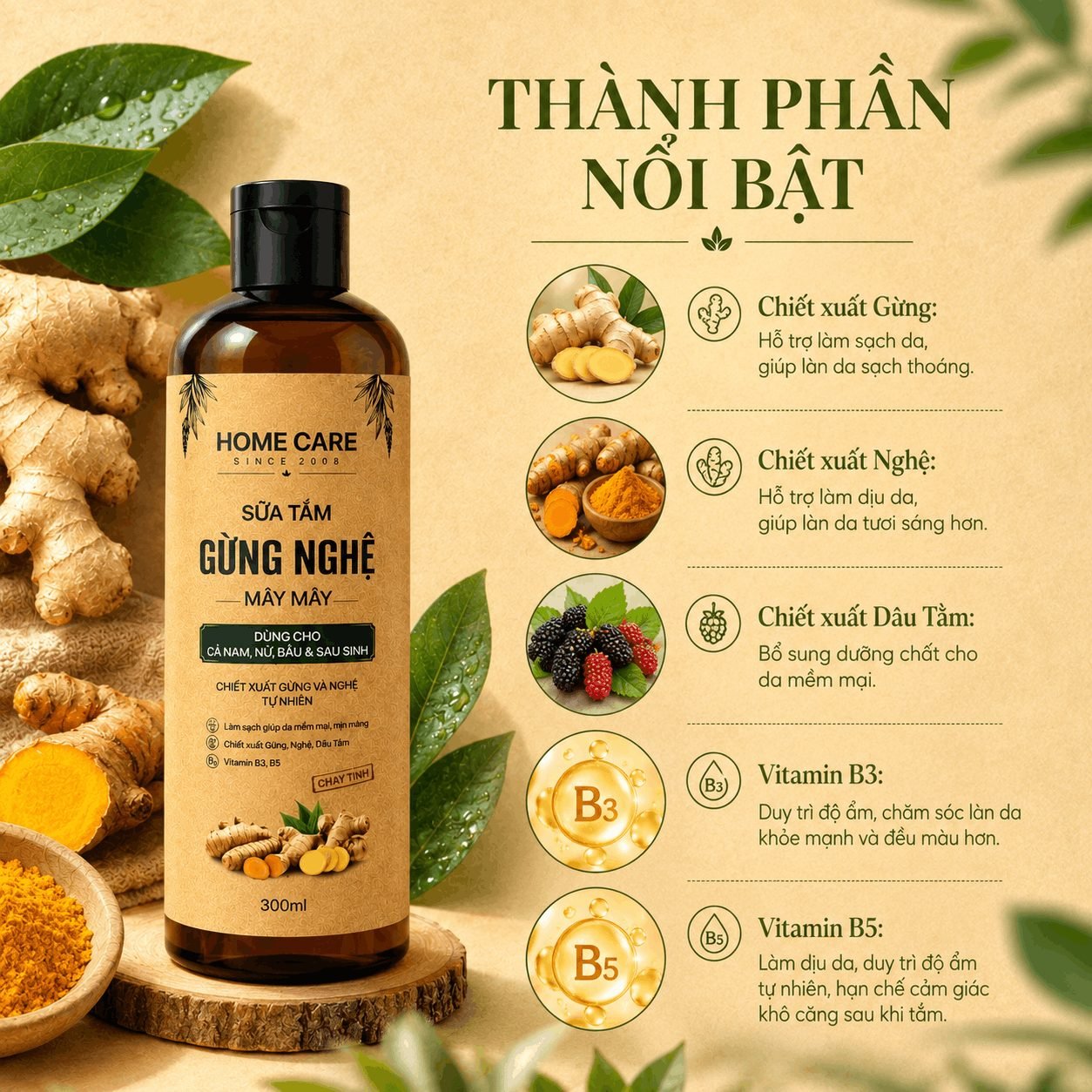 Sữa Tắm Thảo Dược Gừng Nghệ 1L Sạch Sâu, Ngăn Ngừa Mụn Trên Da