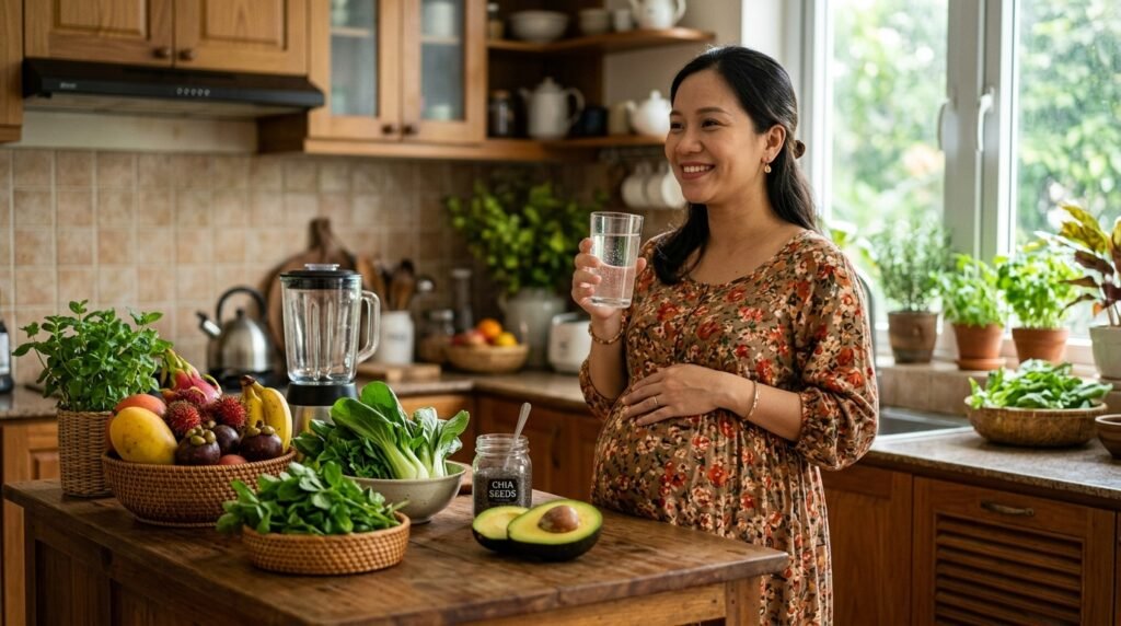 Dinh dưỡng giàu chất xơ và nước ấm hỗ trợ tiêu hóa cho mẹ bầu
