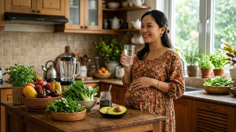 Dinh dưỡng giàu chất xơ và nước ấm hỗ trợ tiêu hóa cho mẹ bầu