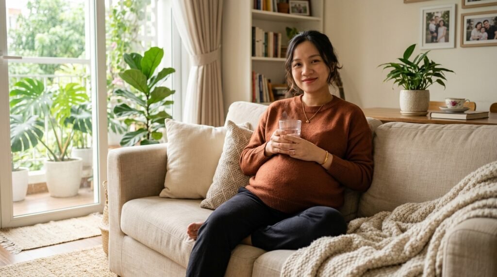 Mẹ bầu ngồi nghỉ ngơi thư giãn trên sofa uống nước ấm