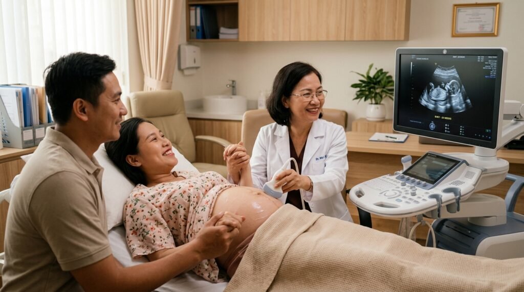 Bác sĩ siêu âm và tư vấn nhịp tim thai cho mẹ bầu